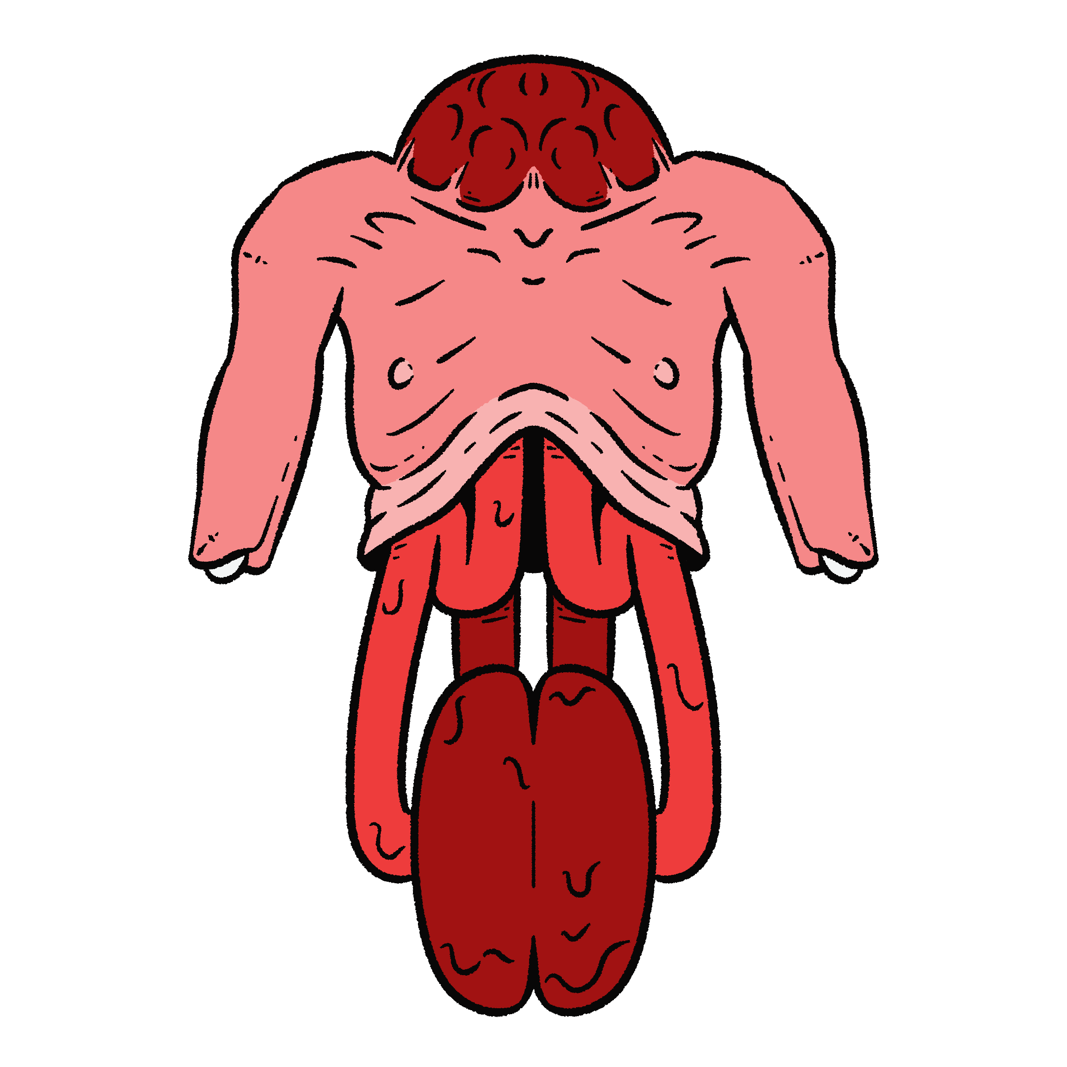 An illustration of a dark pink, humanoid creature with a hardened red dome in place of its head. Its body is cut just below the ribcage, where thick red intestines drapes down to form a bloody wheel. The creature's arms are cut off at the elbows.